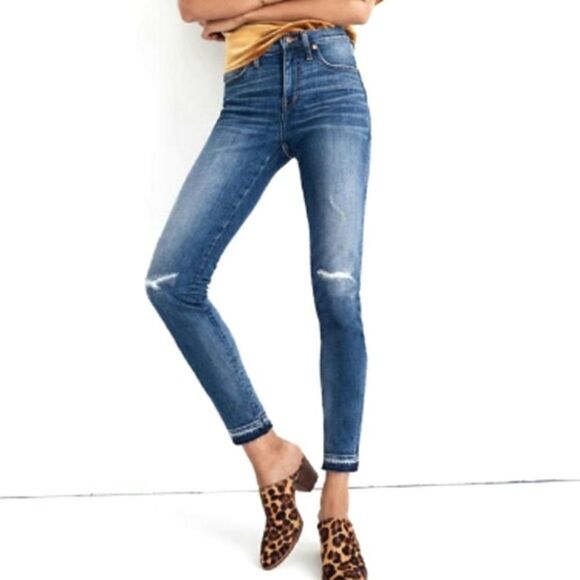 Madewell Raw Hem Distressed 9" High-Rise Skinny Stretch Jeans Medium Wash 27 - Picture 1 of 16